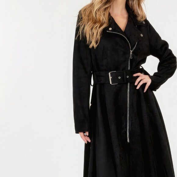 Waist Belt Tacked Faux Suede Coat Solid Coat - Picture 1 of 4
